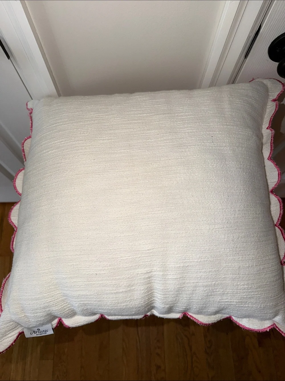 White Decorative Throw Pillows with Pink Scalloped Edge- Set of 2